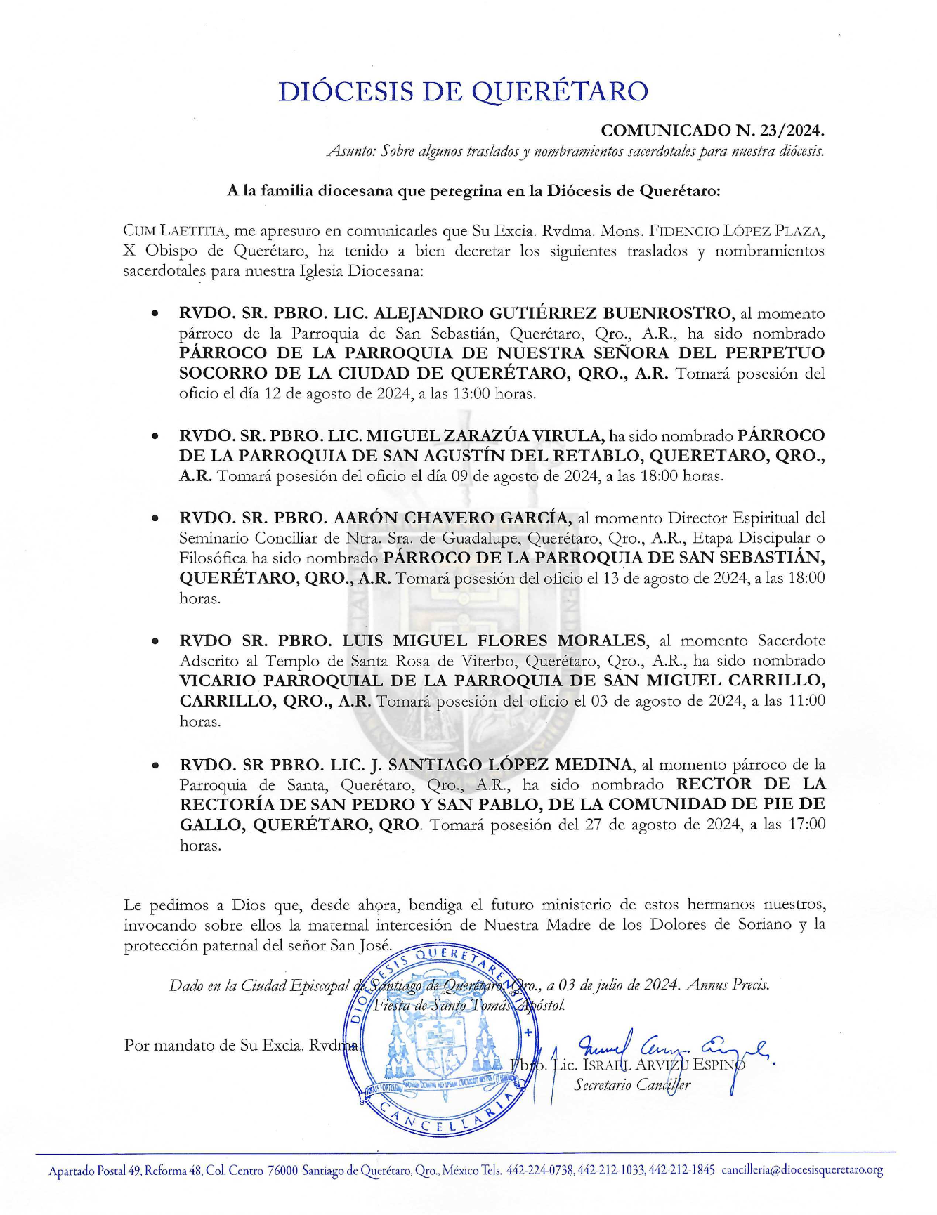 COMUNICADO N. 23/2024. Asunto: Sobre algunos traslados y nombramientos sacerdotales para nuestra diócesis.